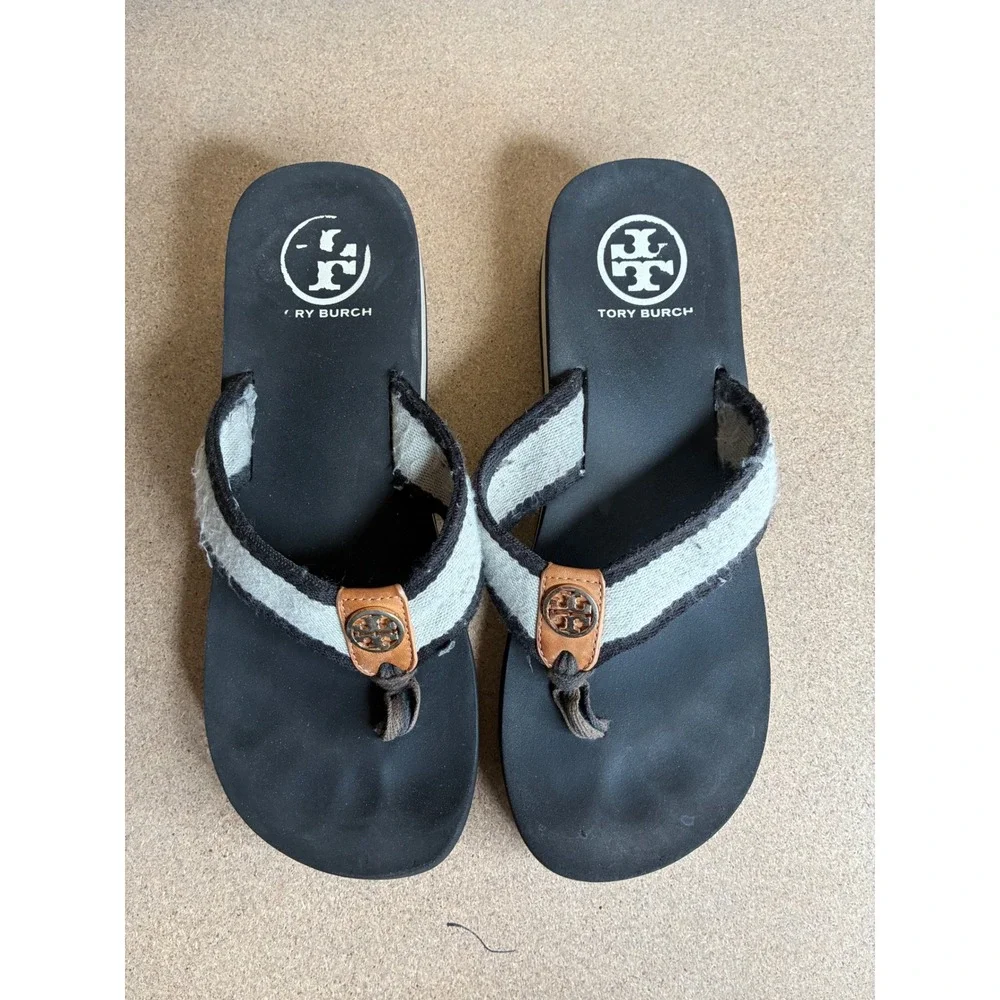Tory Burch Platform Flip Flop Sandals Black White Striped Wedge Medallion Sz 8